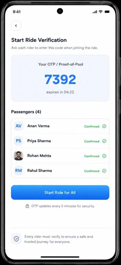 Syinq OTP proof-of-pool verification screen confirming the right members boarded the shared campus ride